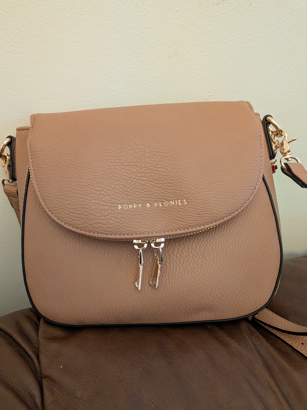 Poppy & Peonies Taupe Blush Pebbled Crossbody with Gold Hardware